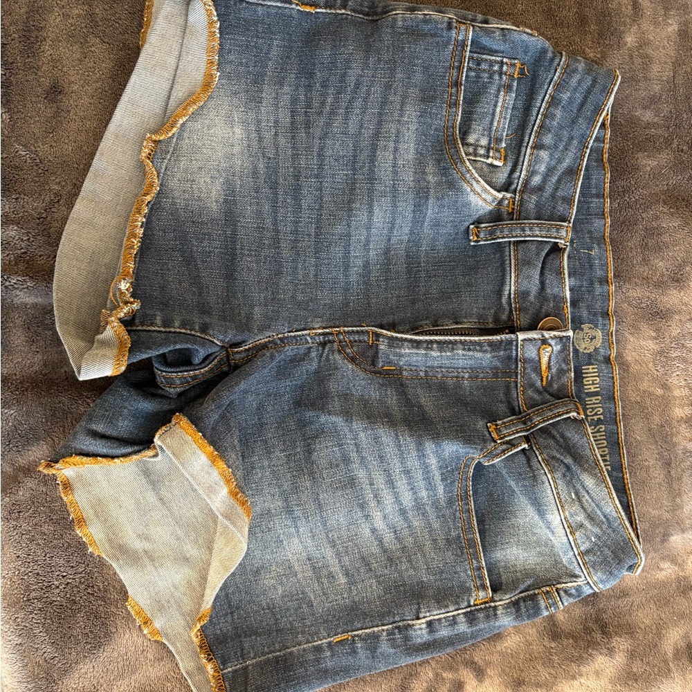 High Rise Denim Shorts with Frayed Hem